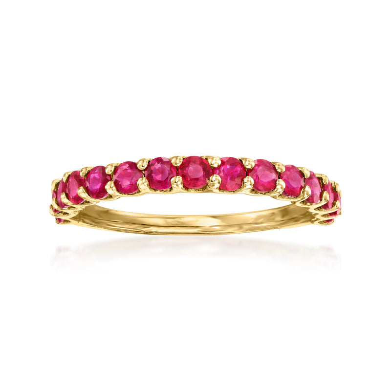14k yellow gold ruby ring with round red gemstones in a curved row setting