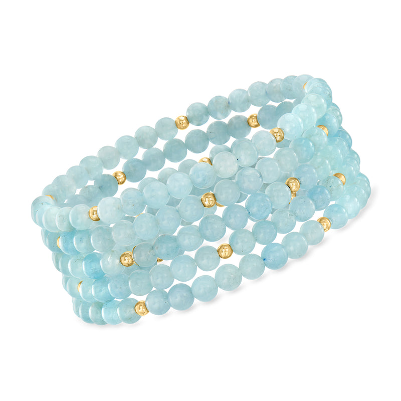 Aquamarine bead bracelet set with 14kt yellow gold accents, five strands
