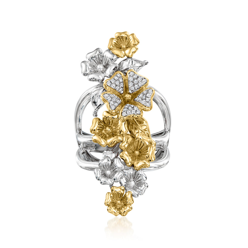 Floral diamond bouquet ring in sterling silver with gold over silver accents