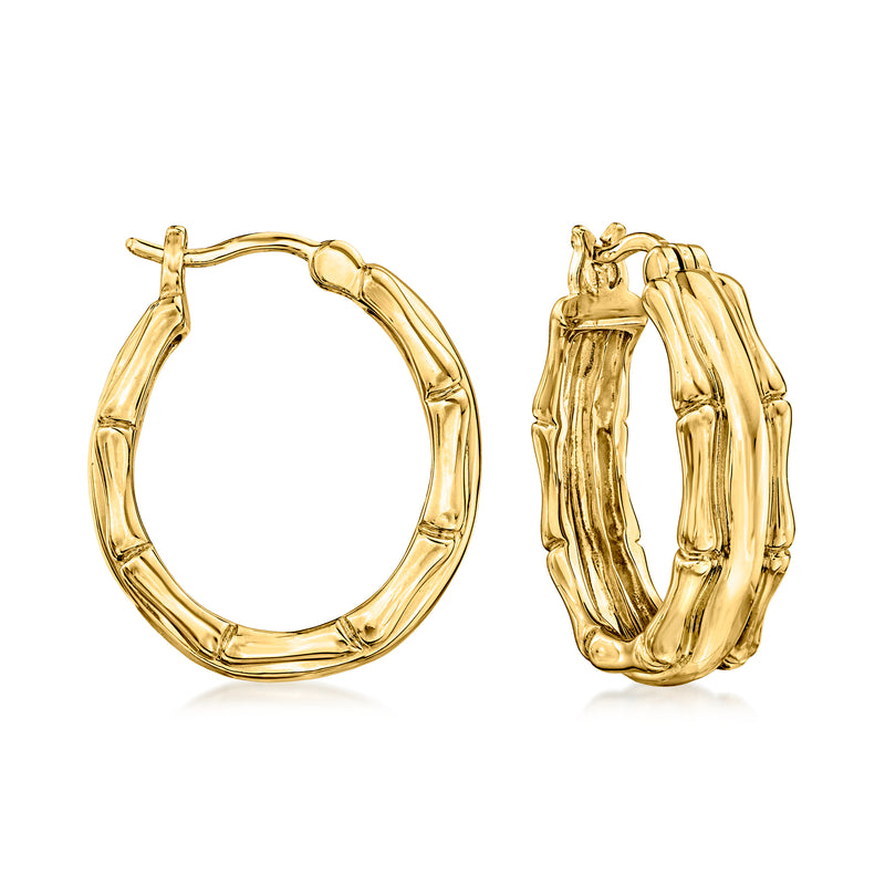 Gold bamboo-style hoop earrings with textured segments