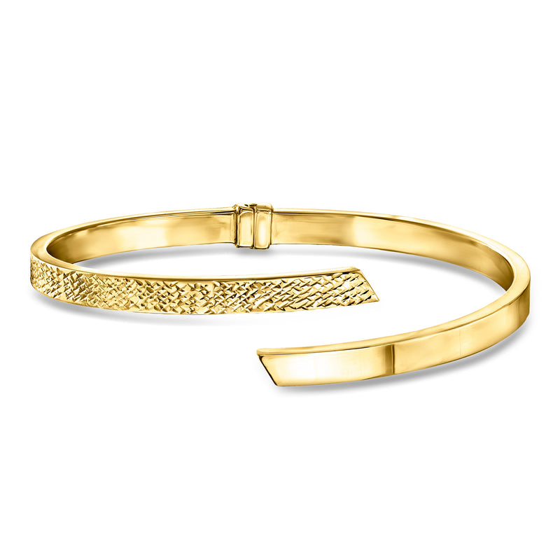 14kt yellow gold diamond-cut and polished bypass cuff bracelet with textured lower band