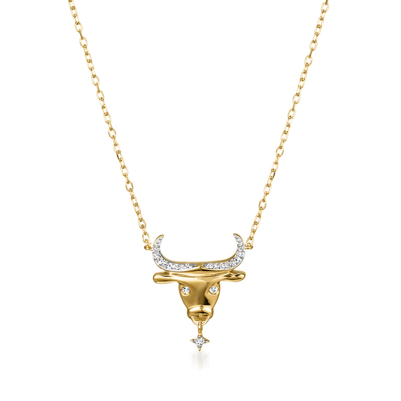 Gold zodiac pendant necklace with diamond-accented curved symbol and drop