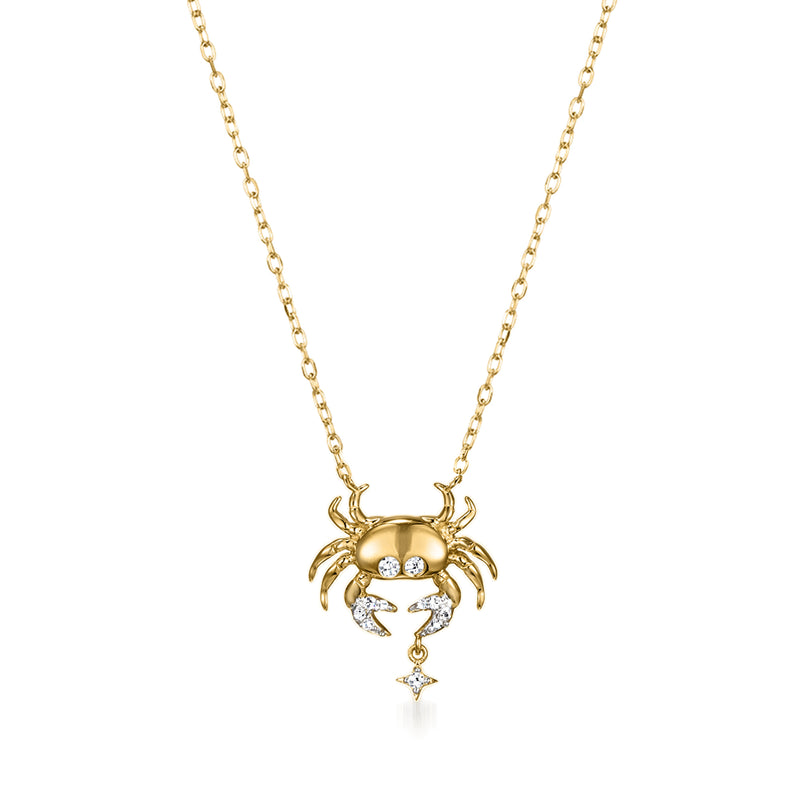 Gold zodiac pendant necklace with diamond-accented crab-claw pendant