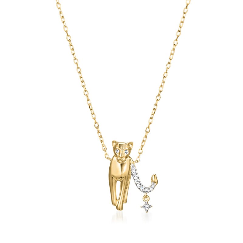 Gold zodiac pendant necklace with diamond-accented cat figure pendant