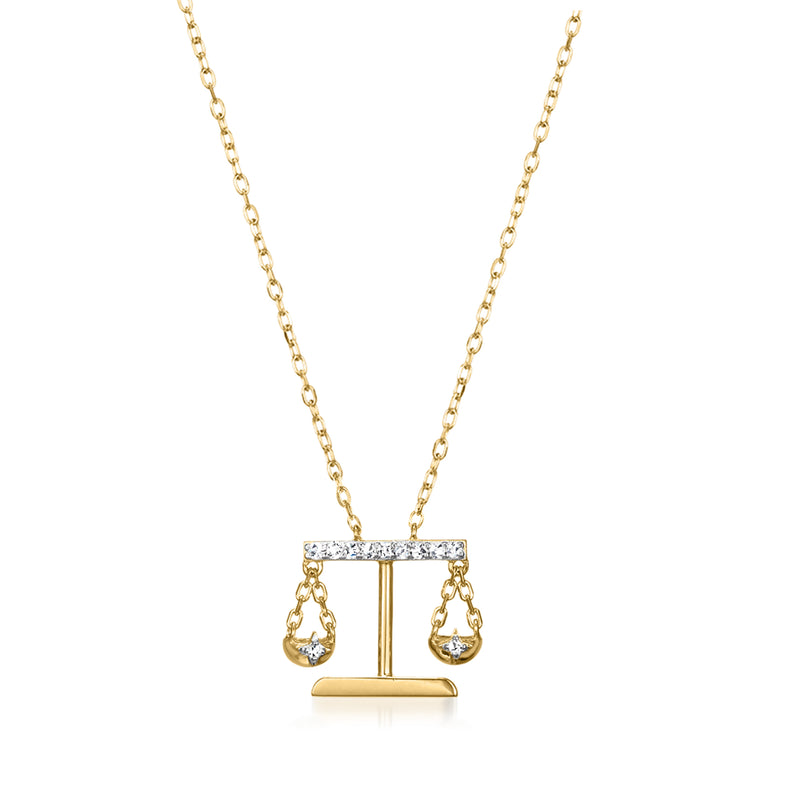 Gold zodiac pendant necklace with diamond-accented balance scale pendant