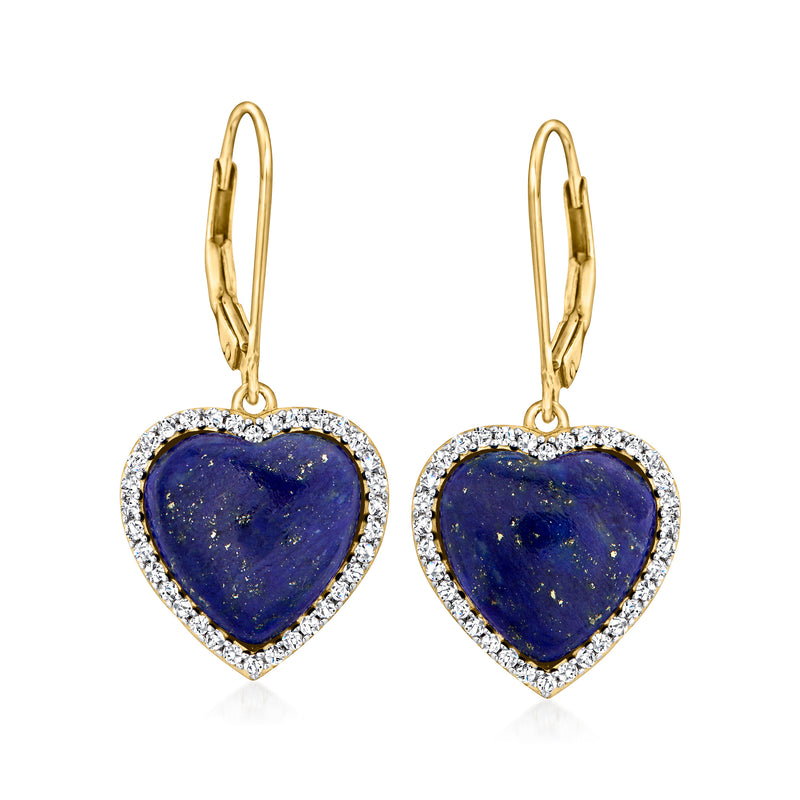 Gold heart drop earrings with deep blue lapis and white stone halo, leverback closures