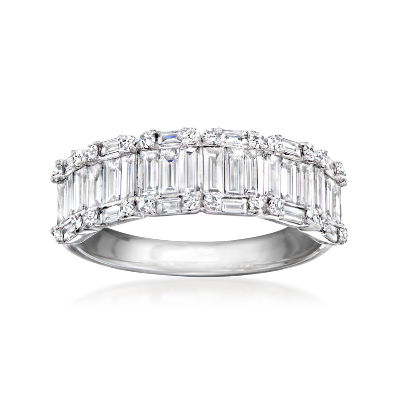 White gold diamond cluster ring with emerald-cut stones across the band