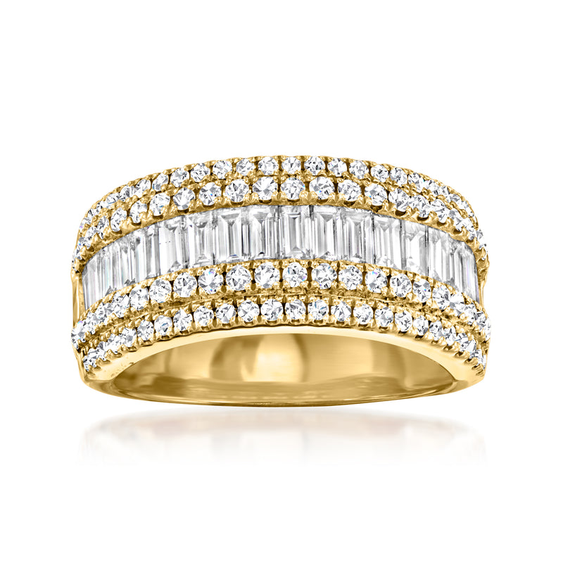 14kt yellow gold two-row diamond ring with round stones in bezel setting