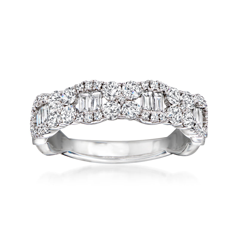 1.00 ct tw diamond curvy ring in 14kt white gold, emerald and baguette-cut stones