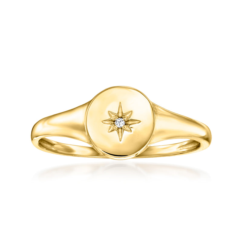 14kt yellow gold signet ring with star-shaped diamond accent on round face