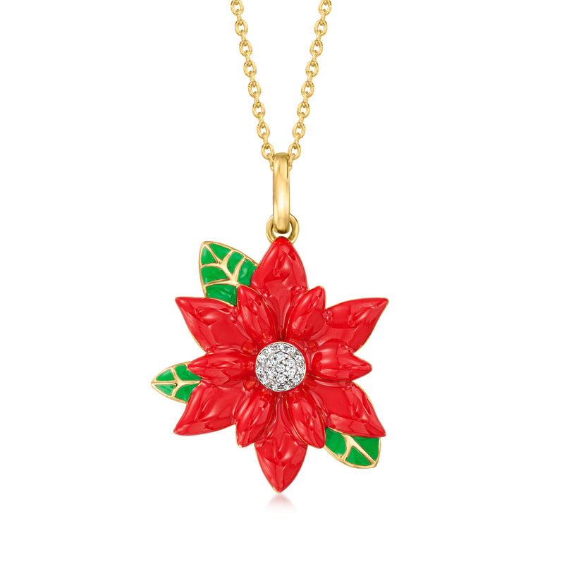 Red enamel poinsettia pendant with green leaves, round diamond center, on gold chain