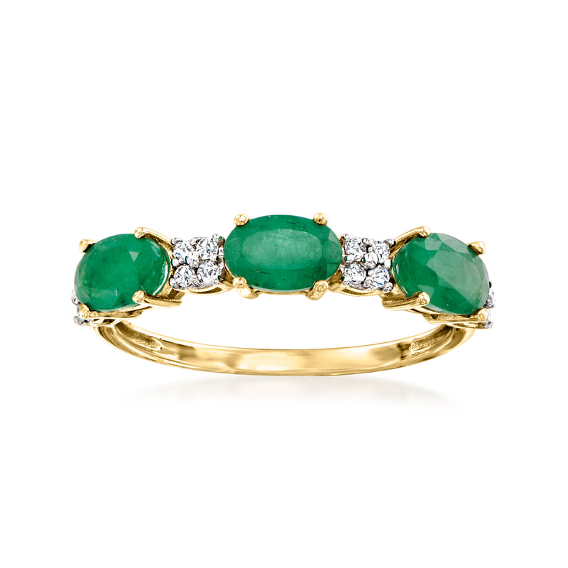 14kt yellow gold ring with three oval green emeralds and diamond accents