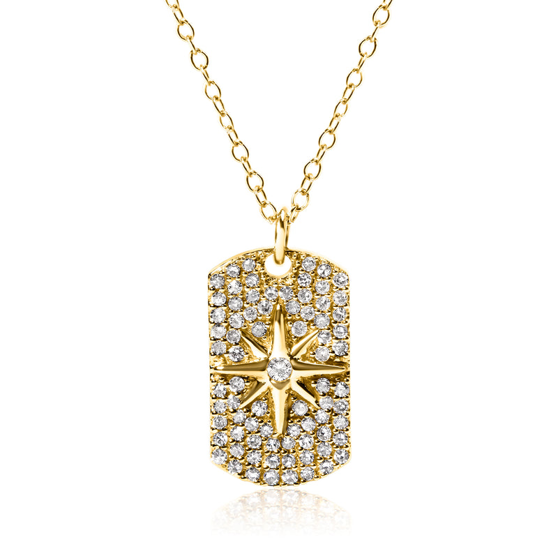 18kt gold over sterling dog tag pendant necklace with diamond-like North Star design
