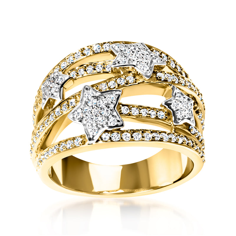 Diamond star highway ring with pave-set stars on a gold-tone band
