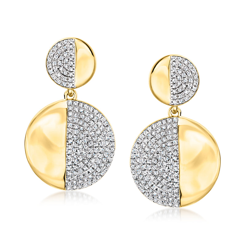 Gold over sterling silver pave diamond disc drop earrings with two half-diamond rounds