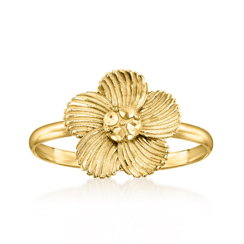 14kt yellow gold striped flower ring with domed center detail