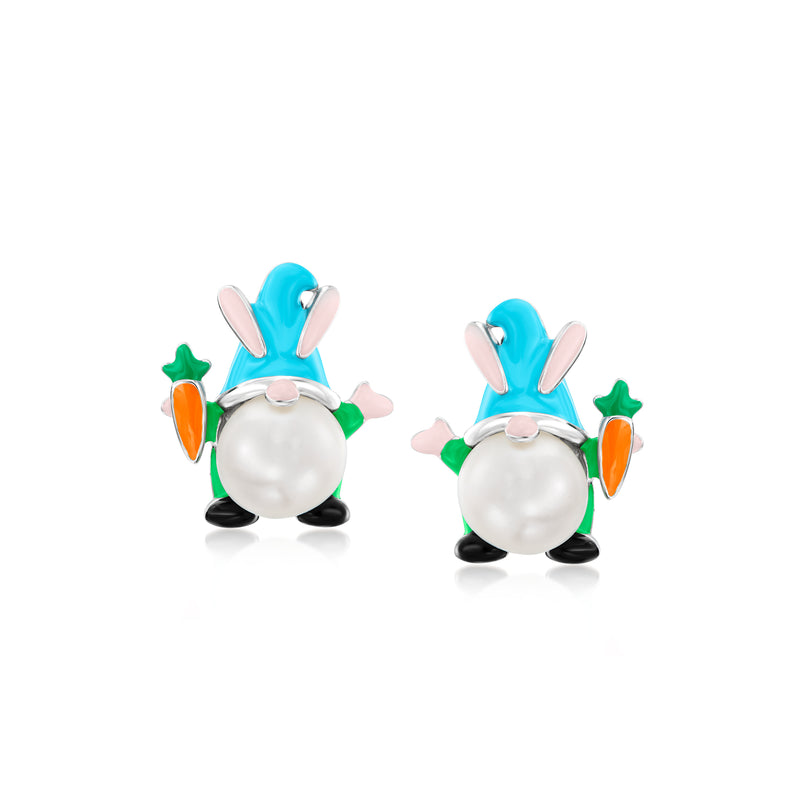 Sterling silver bunny gnome stud earrings with large white cultured pearl and multicolor enamel