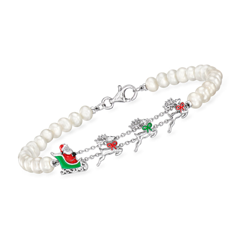 White pearl station bracelet with sterling silver chain and enamel holiday charms