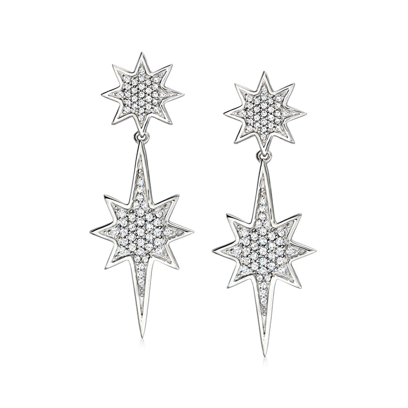 Sterling silver diamond starburst drop earrings with double star charms