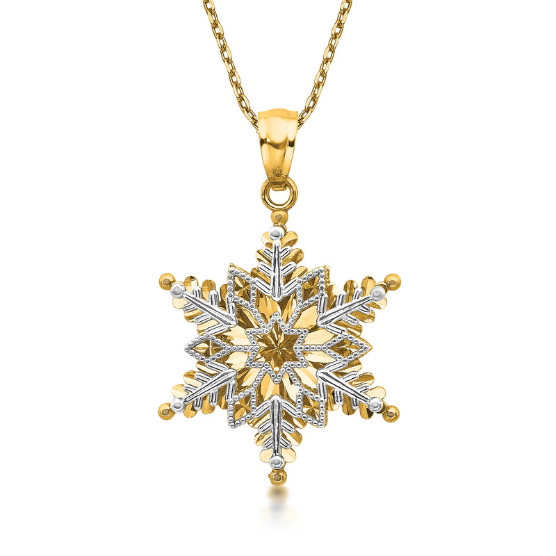 Two-tone 14kt gold snowflake pendant necklace with dimensional textured snowflake design