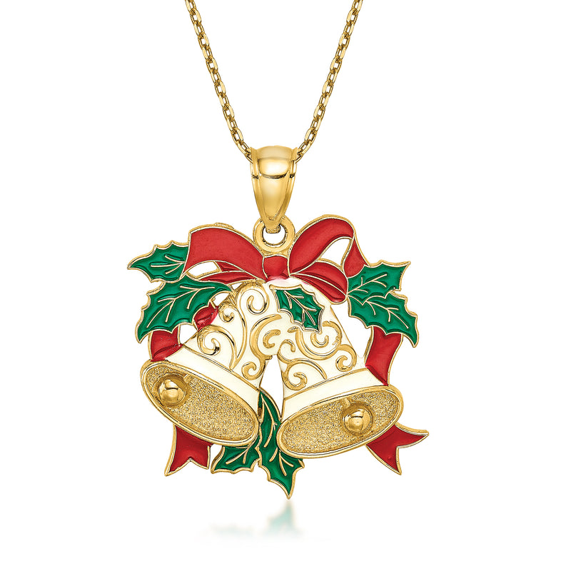 14k yellow gold holiday pendant necklace with colorful enamel bell and holly accents