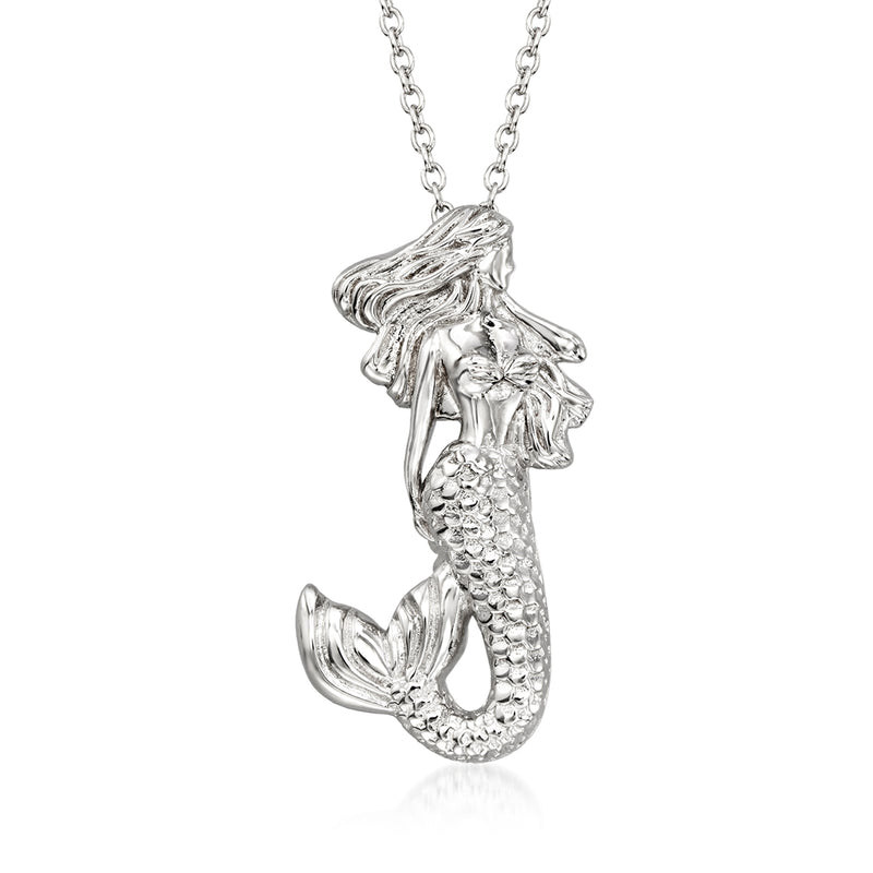 Sterling silver mermaid pendant necklace with textured fin and chain