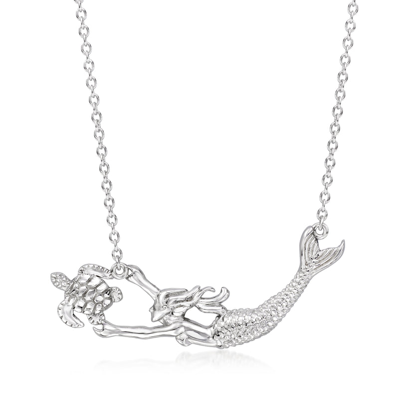 Sterling silver mermaid and turtle pendant necklace with chain