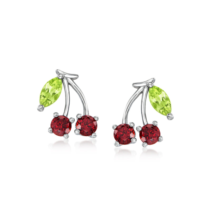 Sterling silver cherry stud earrings with red garnet cherries and green peridot leaves