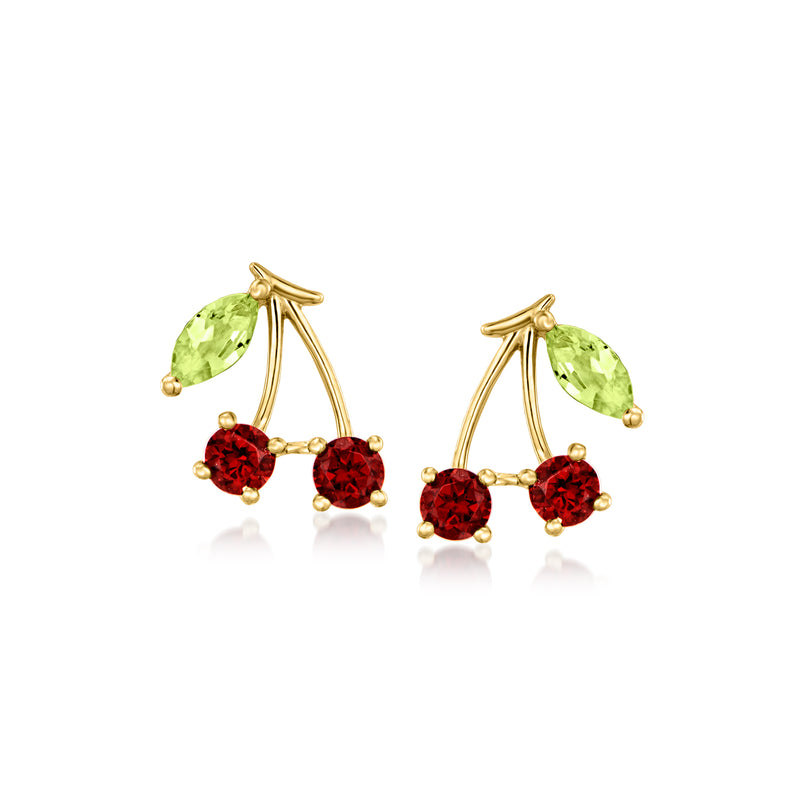 14kt yellow gold cherry stud earrings with red round stones and green leaf stones