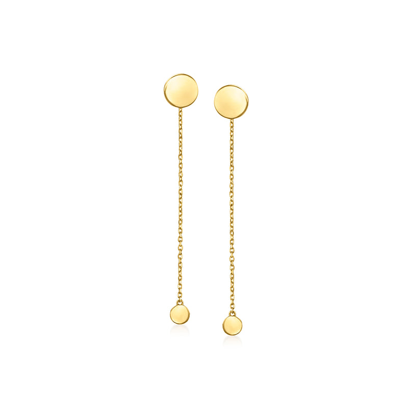 14kt yellow gold disc drop earrings with linked chain and small round discs