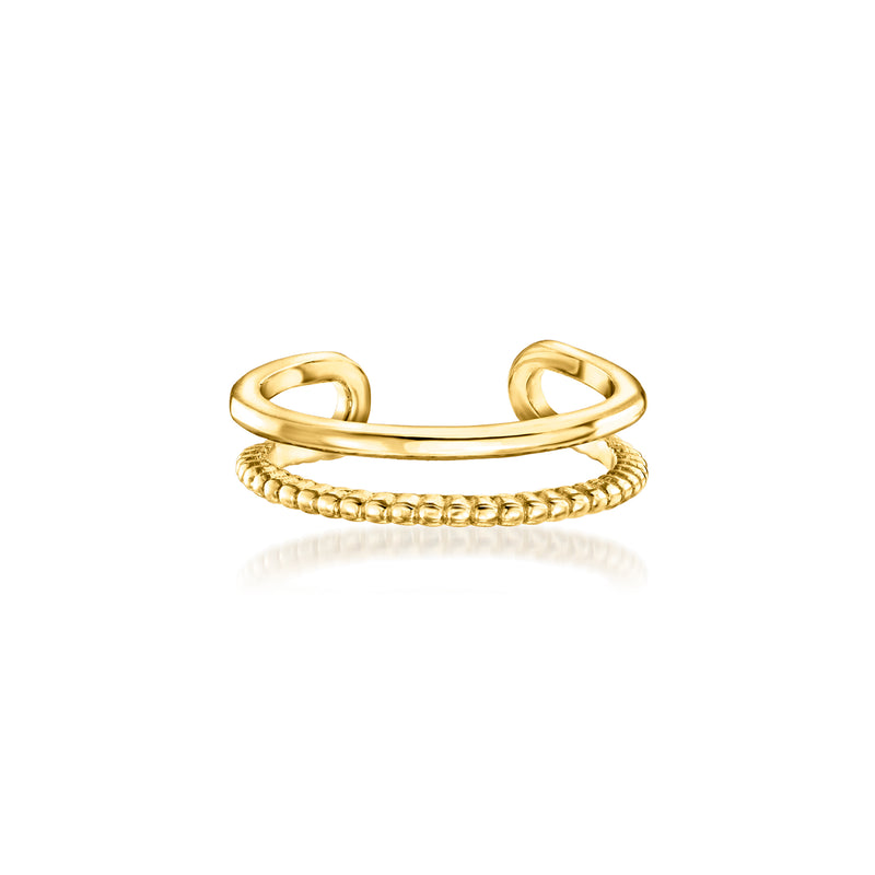 14kt yellow gold two-row single ear cuff with smooth top and beaded bottom row