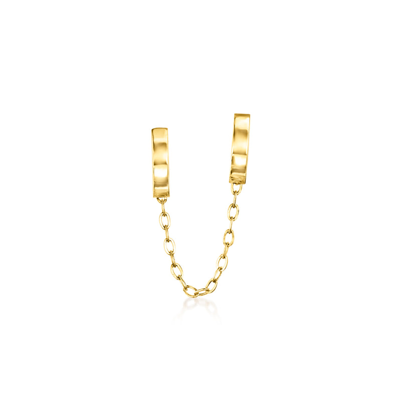 14kt yellow gold double-piercing hoop with linked chain drop, single earring