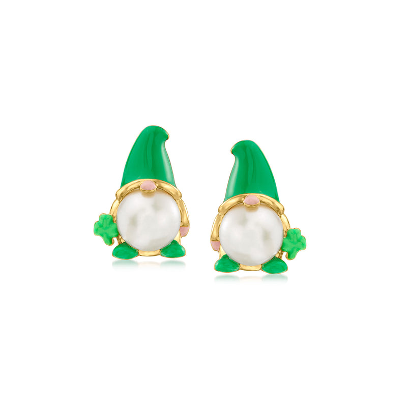 Leprechaun gnome stud earrings with green enamel hat and pearl center, 18kt gold