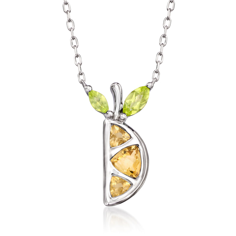 Sterling silver orange slice pendant necklace with green peridot and yellow citrine stones