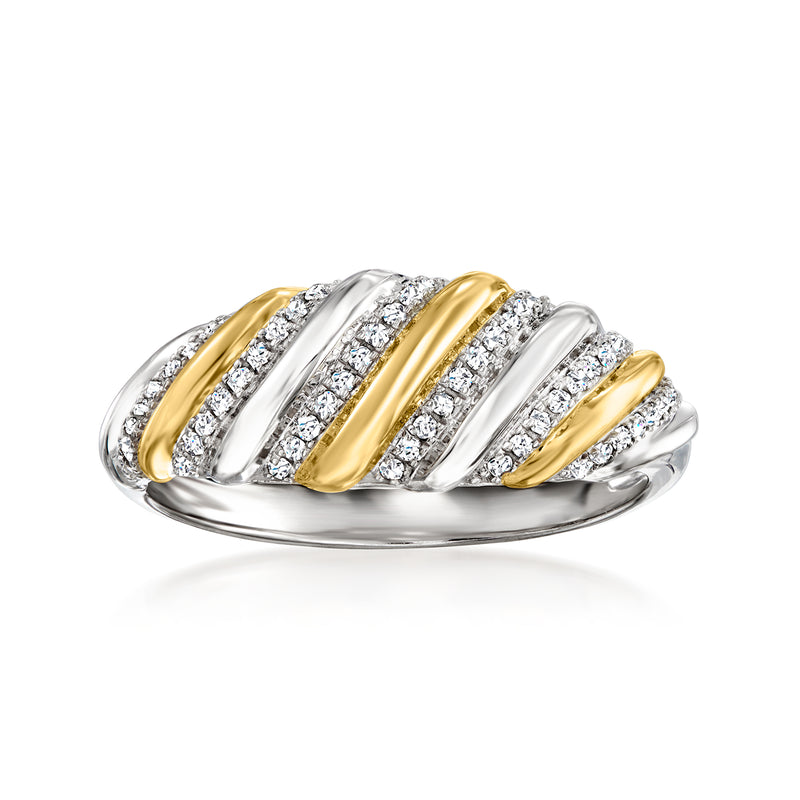 Two-tone sterling silver diamond striped ring with alternating gold and silver bands