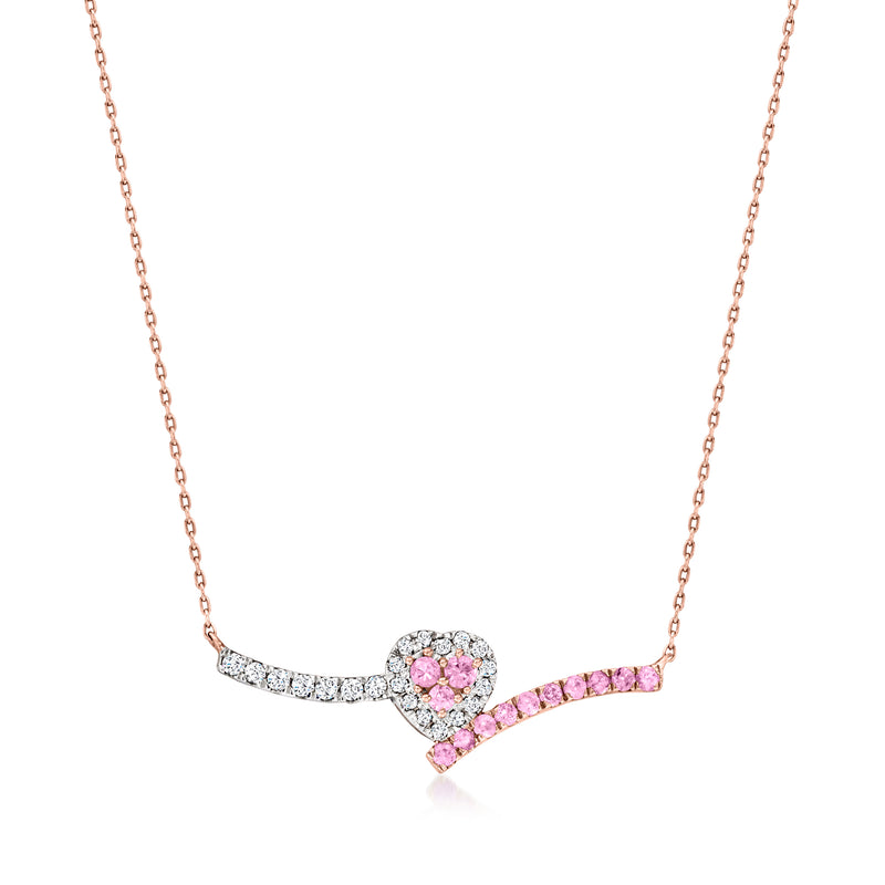 14kt rose gold heart pendant necklace with pink sapphire center and diamond halo
