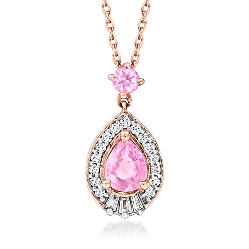 14kt rose gold pendant necklace with pink sapphire teardrop and diamond halo