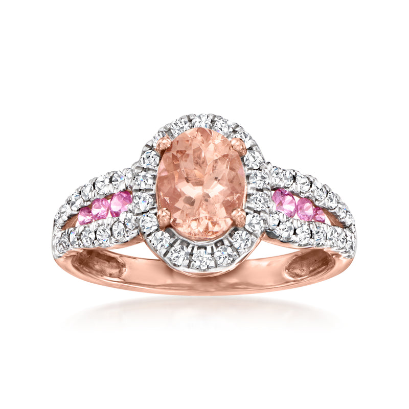 14kt rose gold ring with oval peach morganite center, diamond accents and pink sapphire side stones