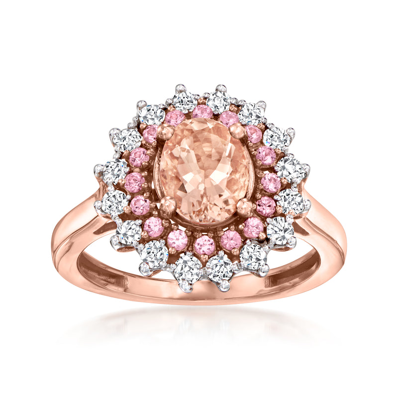 14kt rose gold ring with oval morganite center, pink sapphire halo and white diamond accents