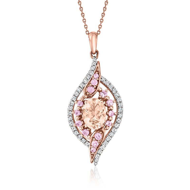 Rose gold pendant necklace with pear-shaped morganite center, pink sapphire halo, diamond borders