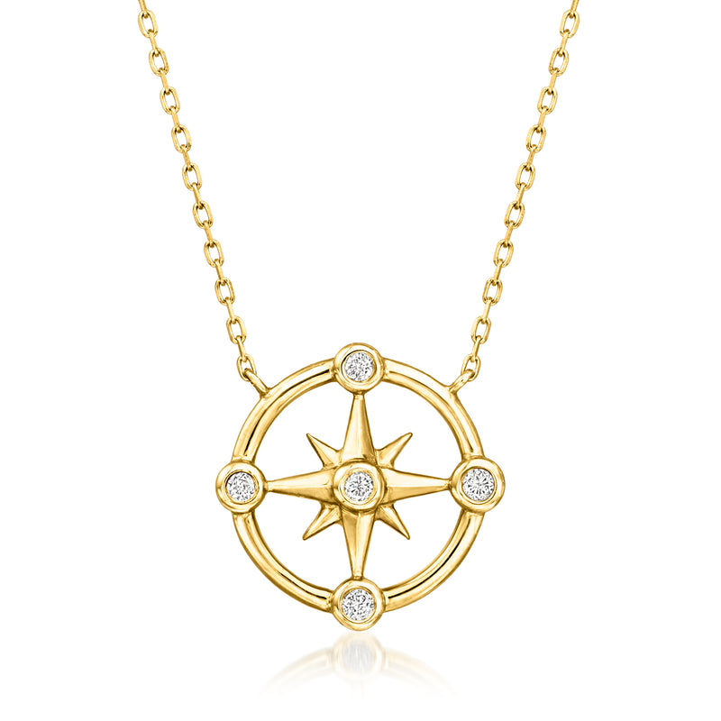 14k yellow gold diamond compass pendant necklace with round star center