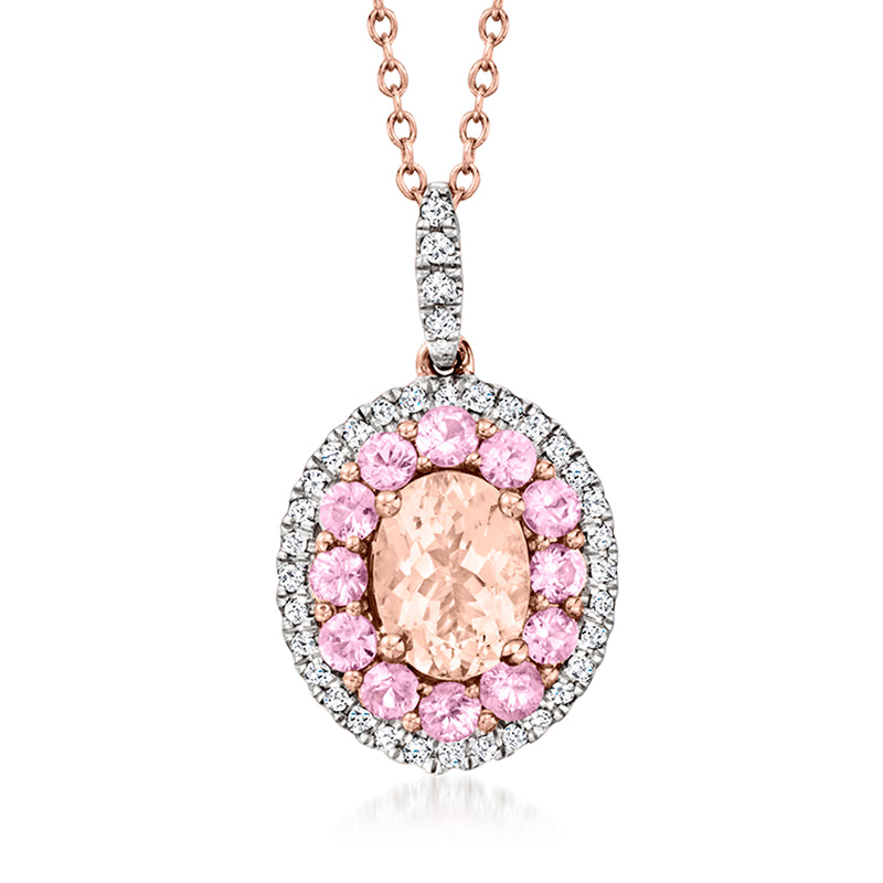 14kt rose gold pendant necklace with oval morganite center and pink sapphire halo