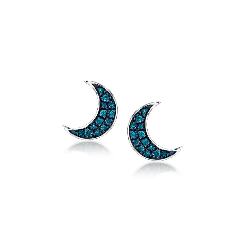 Sterling silver moon stud earrings with blue diamond accents
