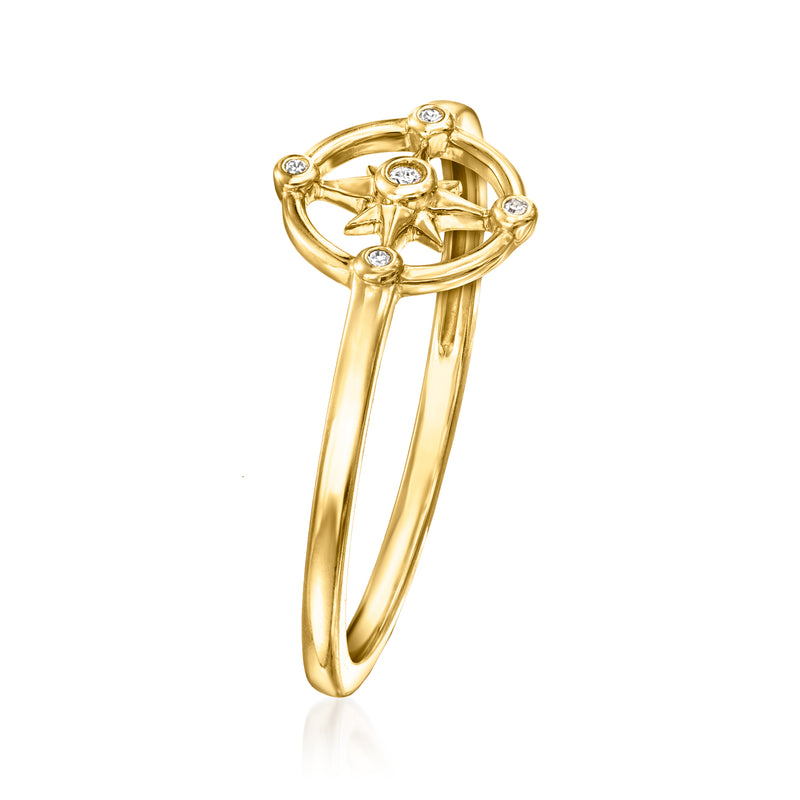 14kt yellow gold compass ring, side view with diamond bezel stones and star motif.