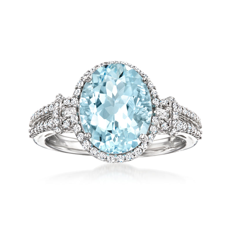 Aquamarine oval halo diamond ring in 14kt white gold, split-prong band