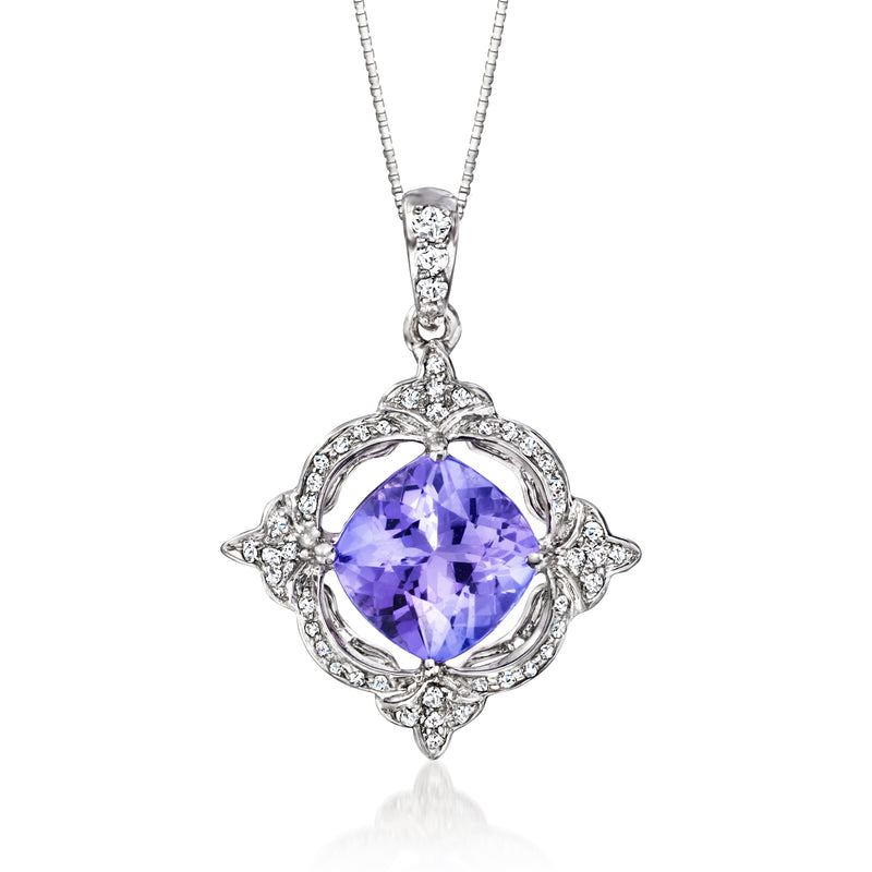 14k white gold tanzanite and diamond halo pendant necklace with oval center gemstone