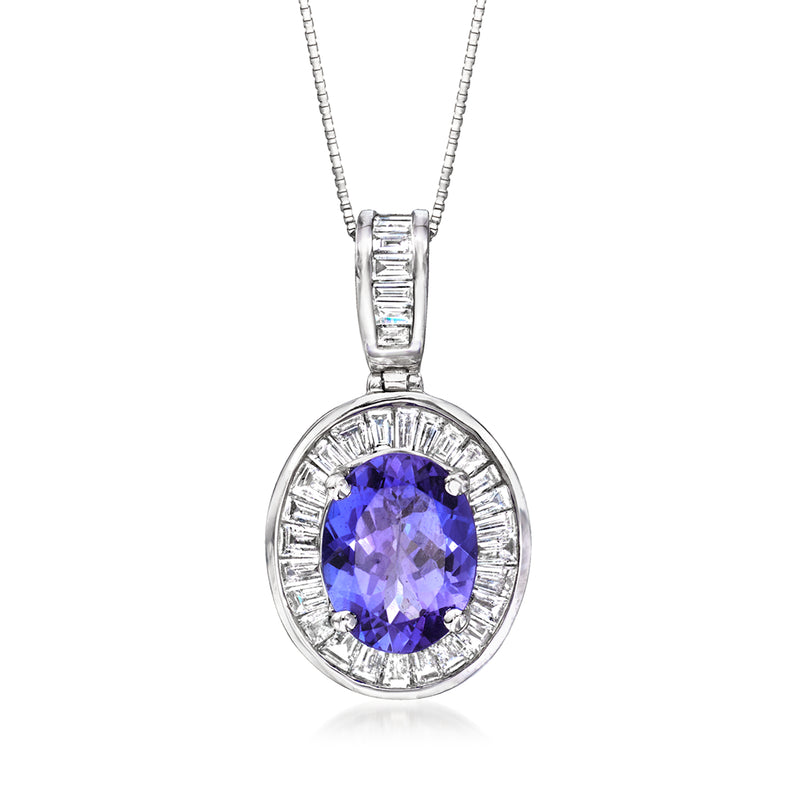 14k white gold oval tanzanite pendant with diamond halo and rectangular bail