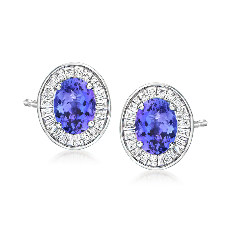14kt white gold oval tanzanite stud earrings with diamond halo and post backs