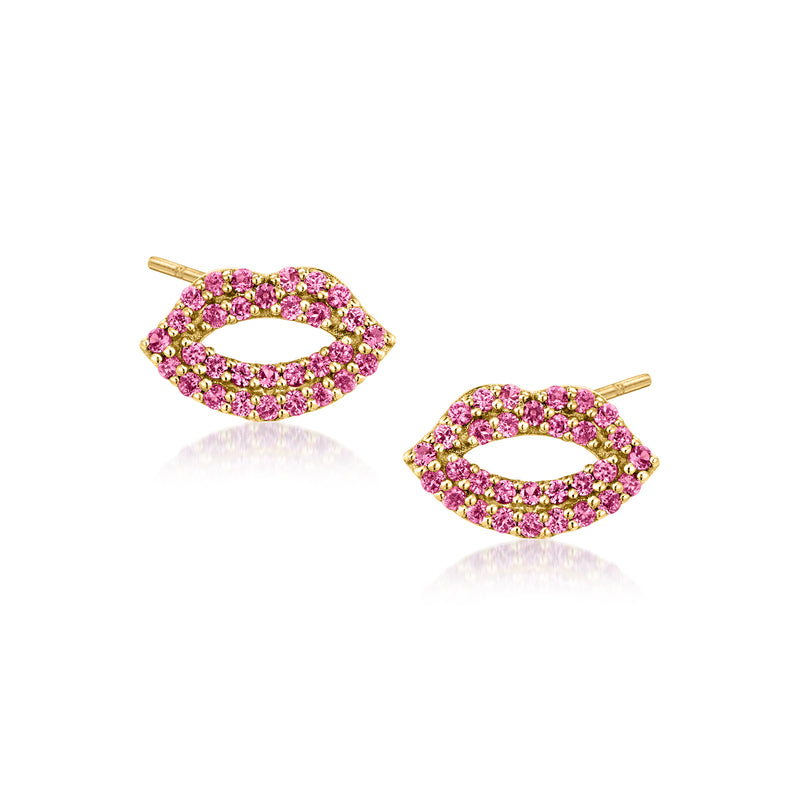 14kt yellow gold lip-shaped stud earrings with pink rhodolite garnet gemstones