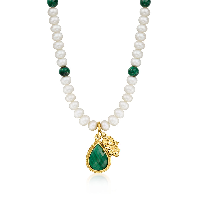 Cultured pearl hamsa charm necklace with gold teardrop green stone and green beads